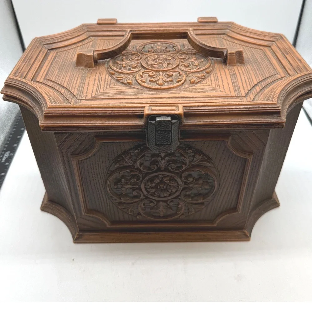 Vintage Faux Wood Sewing Box Ornate Plastic Basket with Tray and Notions Brown